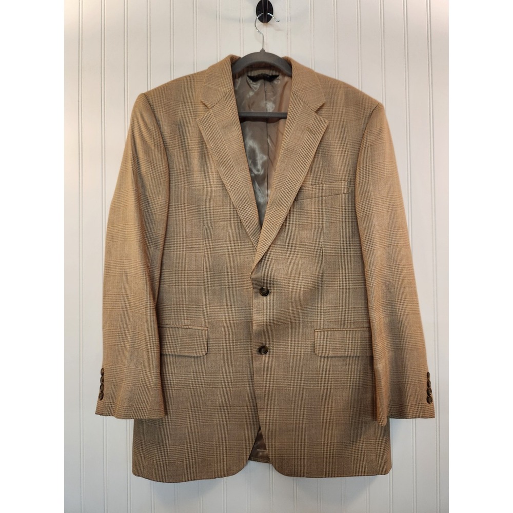 NEW Jos A Bank Mens Silk Wool Blend Glen Plaid Blazer Sport Coat Tan Brown 42L